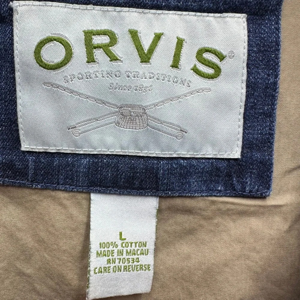 Orvis Mens Large Denim Harrington Jacket Blue Cotton Full Zip Bomber Mock Neck - Picture 2 of 11